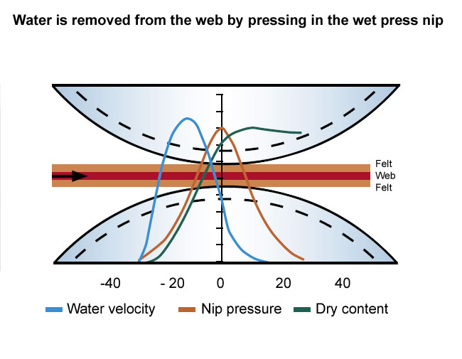 Water is removed from the web by pressing in the wet press nip (Valmet)